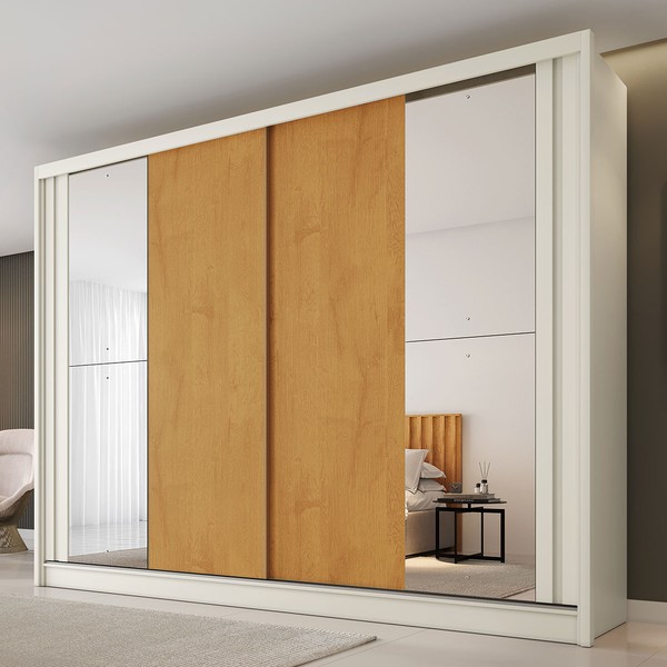 Guarda-Roupa Casal Monterey 4 Gavetas 2 Portas 100% Mdf com Espelho Off White/Peroba - Mademarques