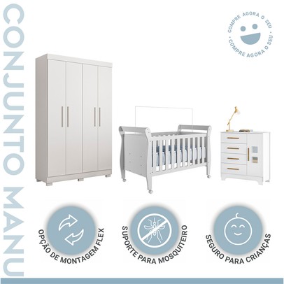 Quarto de Bebê Completo Manu 5 Portas 7 Gavetas 100% Mdf Branco - Tigus