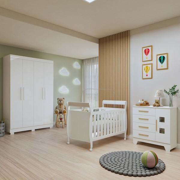 Quarto de Bebê Completo Manu 5 Portas 7 Gavetas 100% Mdf Branco - Tigus