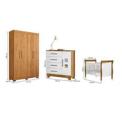Quarto de Bebê Completo Manu 5 Portas 7 Gavetas 100% Mdf Amadeirado/Branco - Tigus