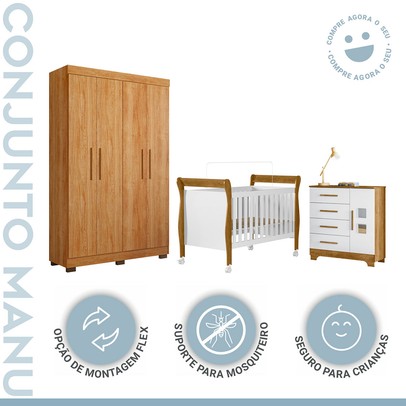 Quarto de Bebê Completo Manu 5 Portas 7 Gavetas 100% Mdf Amadeirado/Branco - Tigus