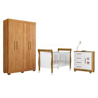 Quarto de Bebê Completo Manu 5 Portas 7 Gavetas 100% Mdf Amadeirado/Branco - Tigus