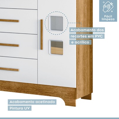 Quarto de Bebê Completo Manu 5 Portas 7 Gavetas 100% Mdf Amadeirado/Branco - Tigus