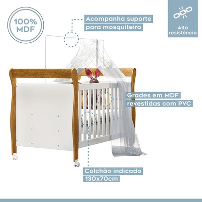 Quarto de Bebê Completo Manu 5 Portas 7 Gavetas 100% Mdf Amadeirado/Branco - Tigus