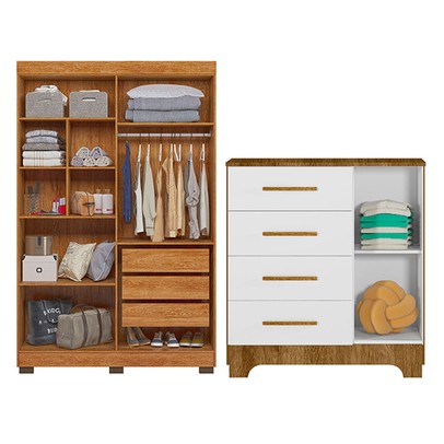 Quarto de Bebê Completo Manu 5 Portas 7 Gavetas 100% Mdf Amadeirado/Branco - Tigus