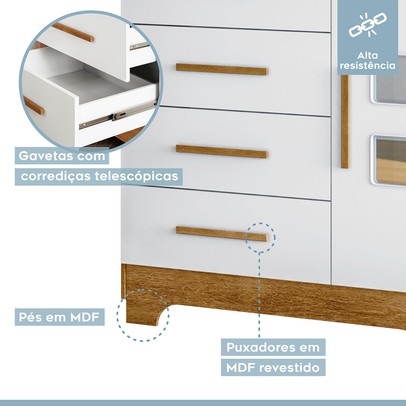 Quarto de Bebê Completo Manu 5 Portas 7 Gavetas 100% Mdf Amadeirado/Branco - Tigus