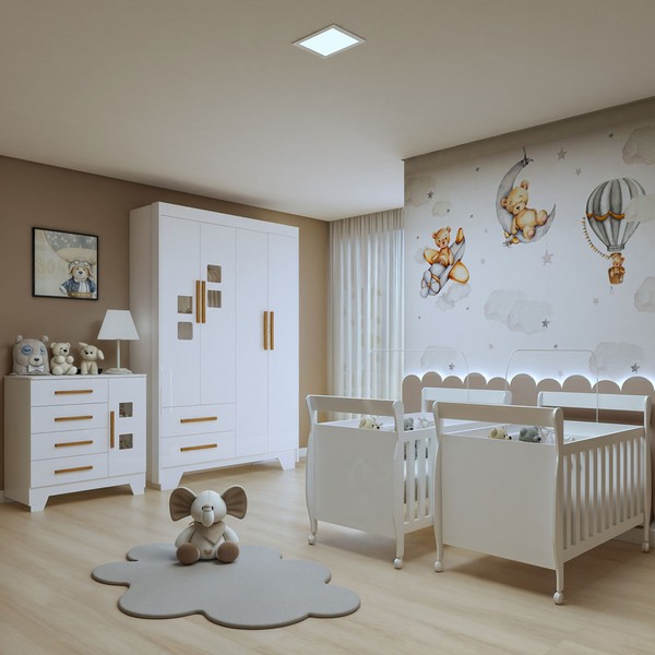 Quarto de Bebê Completo Gêmeos 5 Portas 6 Gavetas 100% Mdf Branco - Tigus