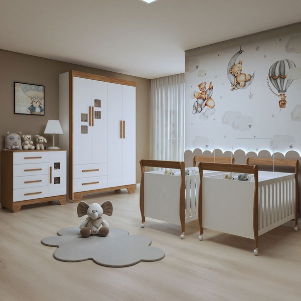 Quarto de Bebê Completo Gêmeos 5 Portas 6 Gavetas 100% Mdf Amadeirado/Branco - Tigus