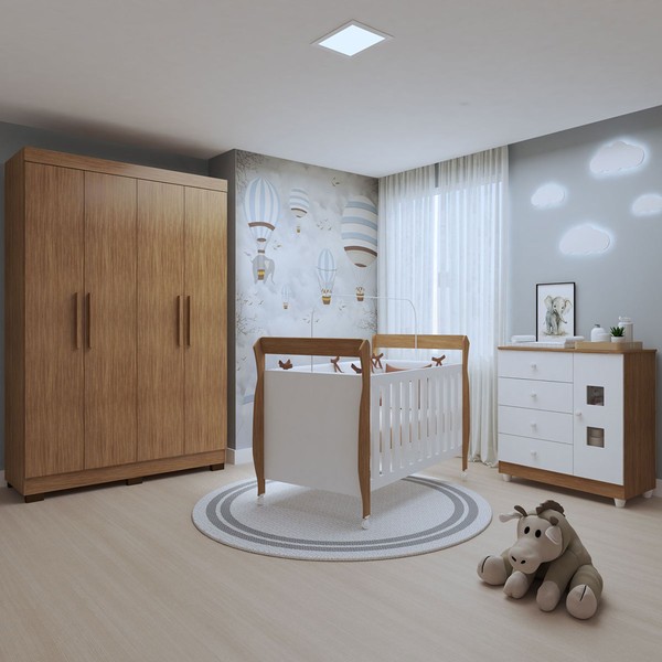 Quarto de Bebê Completo Lipe 5 Portas 7 Gavetas 100% Mdf Amadeirado/Branco - Tigus
