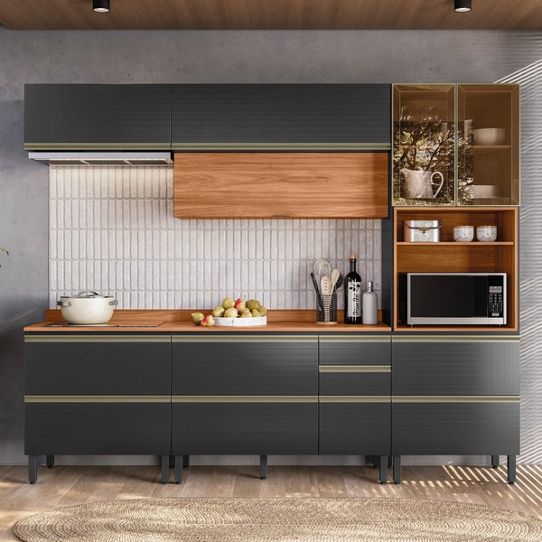 Cozinha Completa Proença 7 Portas 7 Gavetas com Vidro Dp2705mf Nogueira/Carbono Prime Tx - Demóbile