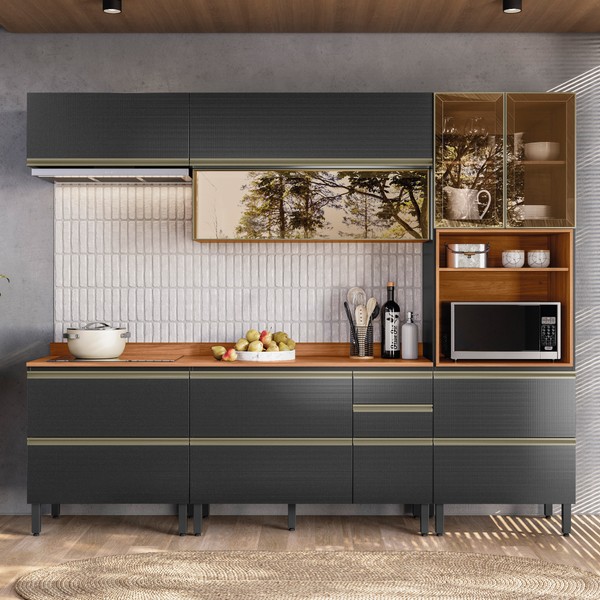 Cozinha Completa Proença 7 Portas 7 Gavetas com Vidro Dp2705rf Nogueira/Carbono Prime Tx - Demóbile