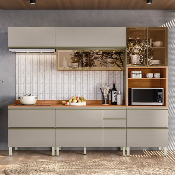 Cozinha Completa Proença 7 Portas 7 Gavetas com Vidro Dp2705rf Nogueira/Nude Prime Tx - Demóbile