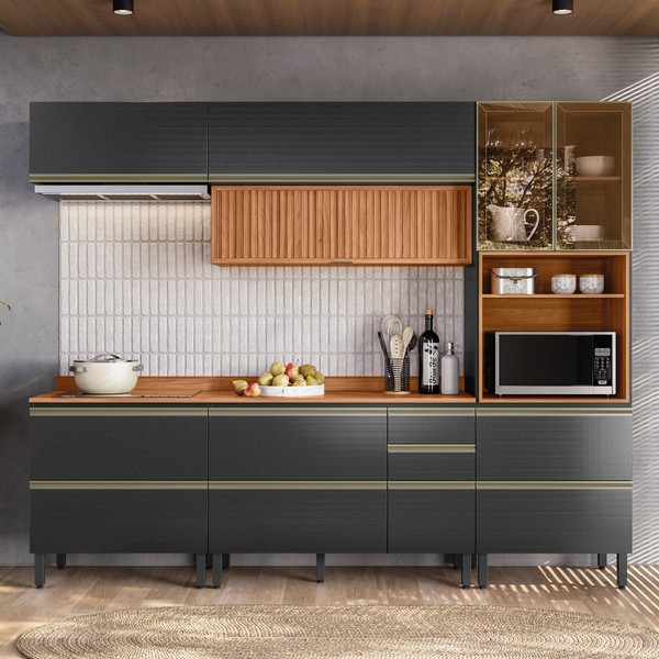 Cozinha Completa Proença 7 Portas 7 Gavetas Ripado com Vidro Dp2705rp Nogueira/Carbono Prime Tx - Demóbile