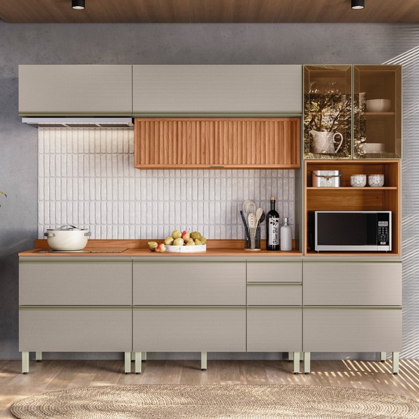 Cozinha Completa Proença 7 Portas 7 Gavetas Ripado com Vidro Dp2705rp Nogueira/Nude Prime Tx - Demóbile