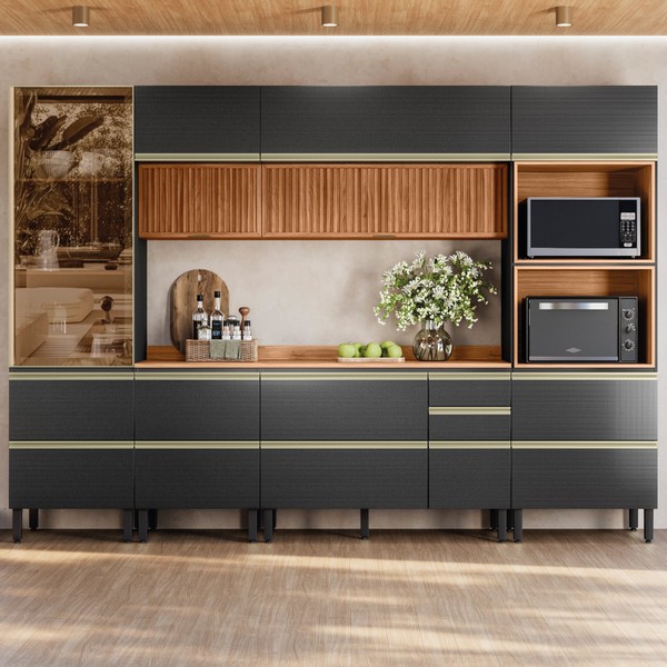 Cozinha Completa Proença 9 Portas 8 Gavetas Ripado com Vidro Dp3101rp Nogueira/Carbono Prime Tx - Demóbile