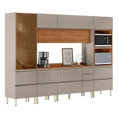 Cozinha Completa Proença 9 Portas 8 Gavetas com Vidro Dp3101mf Nogueira/Nude Prime Tx - Demóbile