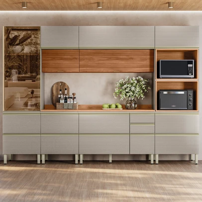 Cozinha Completa Proença 9 Portas 8 Gavetas com Vidro Dp3101mf Nogueira/Nude Prime Tx - Demóbile