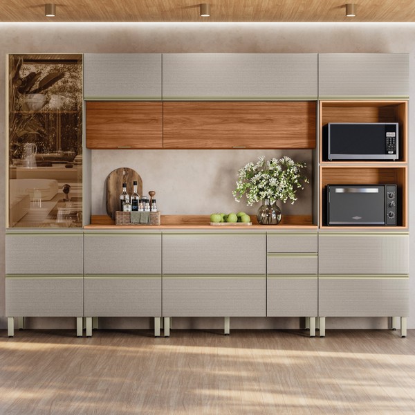 Cozinha Completa Proença 9 Portas 8 Gavetas com Vidro Dp3101mf Nogueira/Nude Prime Tx - Demóbile