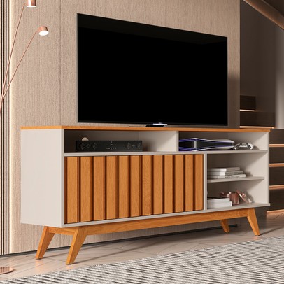 Rack para TV Até 60 Polegadas Hermes 2 Portas Ripado Off White/Nature - Pnr Móveis
