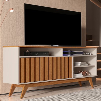 Rack para TV Até 60 Polegadas Hermes 2 Portas Ripado Off White/Freijó - Pnr Móveis