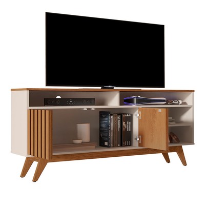 Rack para TV Até 60 Polegadas Hermes 2 Portas Ripado Off White/Freijó - Pnr Móveis
