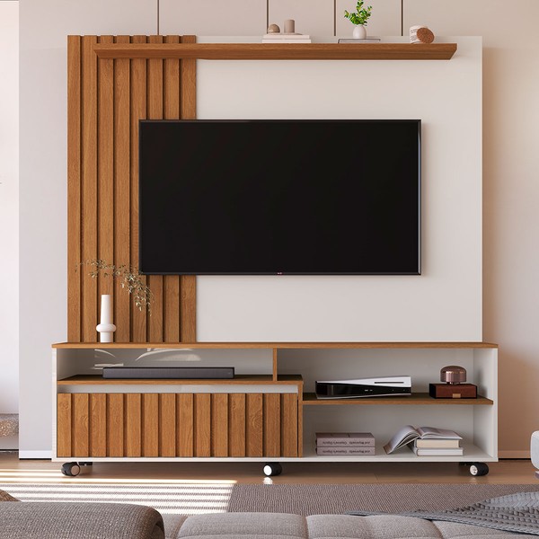 Estante para TV Até 65 Polegadas Héstia 1 Gaveta Ripado Off White/Freijó - Pnr Móveis