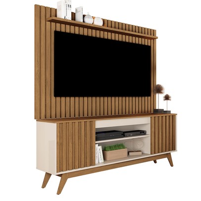 Rack com Painel para TV Até 65 Polegadas éter 2 Portas Ripado Off White/Freijó - Pnr Móveis