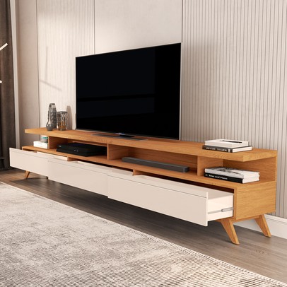 Rack para TV 86 Polegadas Cruise 3 Gavetas Nature/Off White - Pnr Móveis