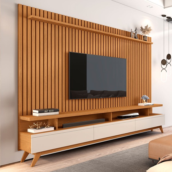 Rack com Painel para TV 72 Polegadas Cruise 3 Gavetas Ripado Nature/ Off White - Pnr Móveis