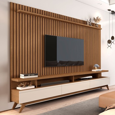 Rack com Painel para TV 72 Polegadas Cruise 3 Gavetas Ripado Freijó/Off White - Pnr Móveis