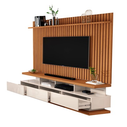 Rack com Painel para TV Até 72 Polegadas Stallone 3 Gavetas Ripado Off White/Nature - Pnr Móveis