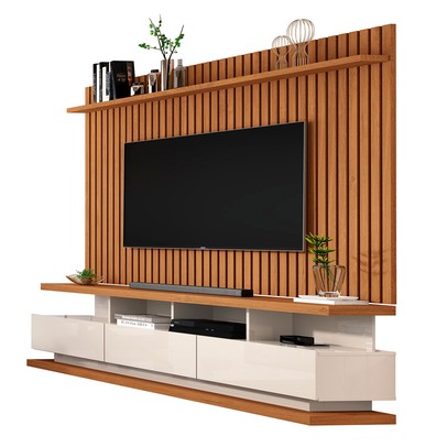 Rack com Painel para TV Até 72 Polegadas Stallone 3 Gavetas Ripado Off White/Nature - Pnr Móveis