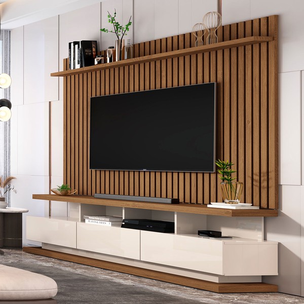 Rack com Painel para TV Até 72 Polegadas Stallone 3 Gavetas Ripado Off White/Freijó - Pnr Móveis