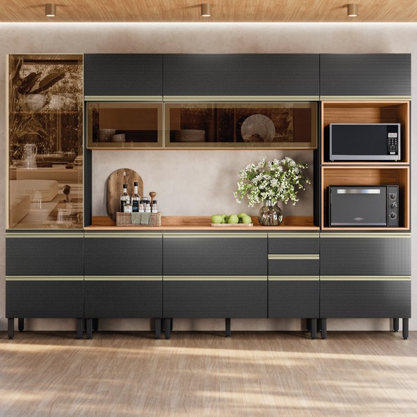 Cozinha Completa Proença 9 Portas 8 Gavetas com Vidro Dp3101rf Nogueira/Carbono Prime Tx - Demóbile