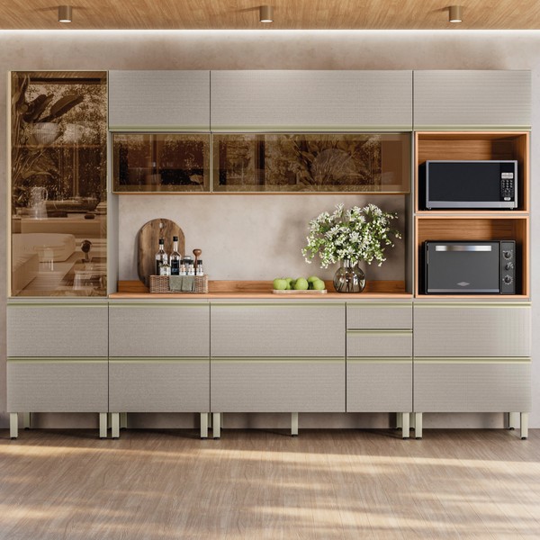 Cozinha Completa Proença 9 Portas 8 Gavetas com Vidro Dp3101rf Nogueira/Nude Prime Tx - Demóbile