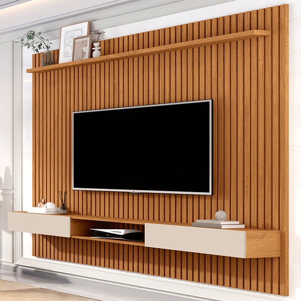 Painel para TV Até 70 Polegadas Morfeu Ripado 2 Portas 1 Prateleira Nature/Off White 690 - Pnr Móveis