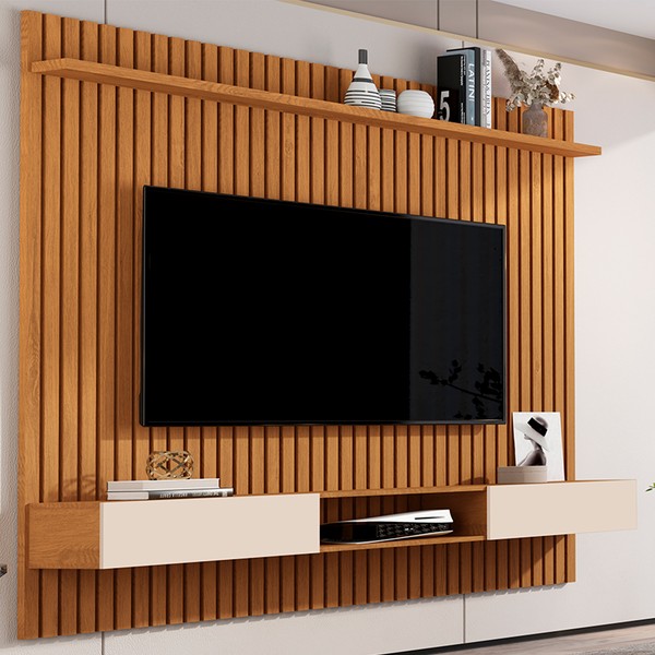 Painel para TV Até 70 Polegadas Morfeu Ripado 2 Portas 1 Prateleira Nature/Off White 689 - Pnr Móveis