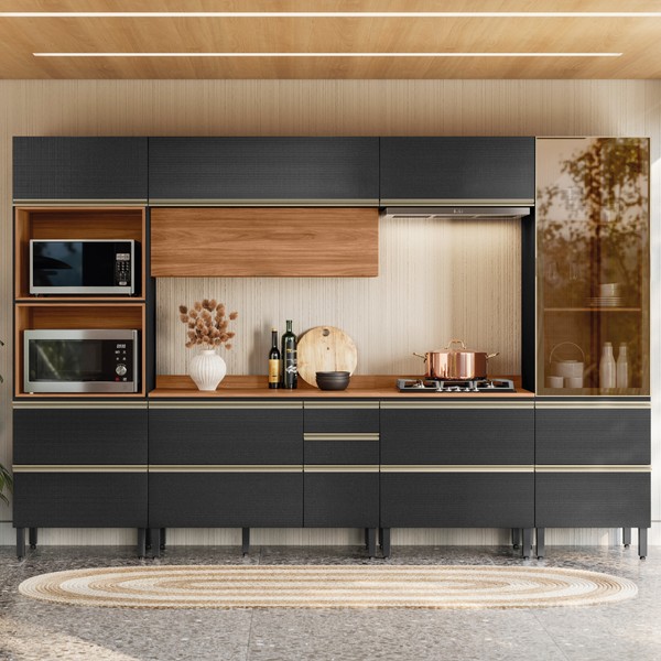 Cozinha Completa Proença 8 Portas 8 Gavetas com Vidro Dp3301mf Nogueira/Carbono Prime Tx - Demóbile