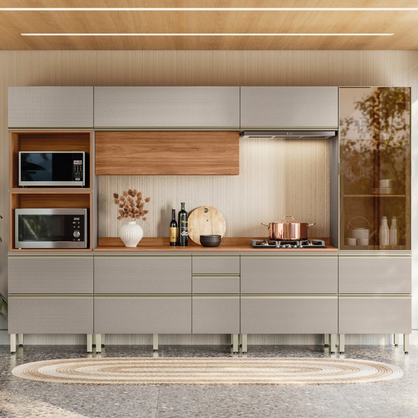 Cozinha Completa Proença 8 Portas 8 Gavetas com Vidro Dp3301mf Nogueira/Nude Prime Tx - Demóbile