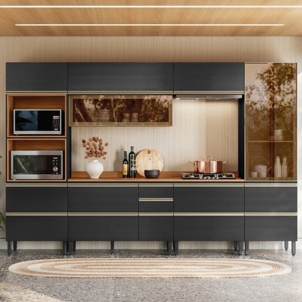 Cozinha Completa Proença 8 Portas 8 Gavetas com Vidro Dp3301rf Nogueira/Carbono Prime Tx - Demóbile