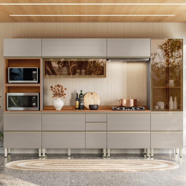 Cozinha Completa Proença 8 Portas 8 Gavetas com Vidro Dp3301rf Nogueira/Nude Prime Tx - Demóbile