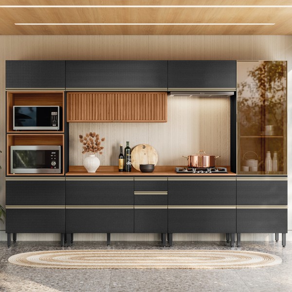 Cozinha Completa Proença 8 Portas 8 Gavetas com Vidro Ripado Dp3301rp Nogueira/Carbono Prime Tx - Demóbile