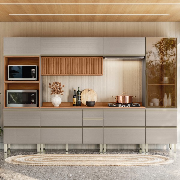 Cozinha Completa Proença 8 Portas 8 Gavetas com Vidro Ripado Dp3301rp Nogueira/Nude Prime Tx - Demóbile