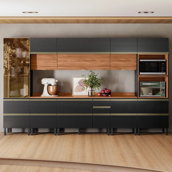 Cozinha Completa Proença 12 Portas 9 Gavetas com Vidro Dp3701mf Nogueira/Carbono Prime Tx - Demóbile
