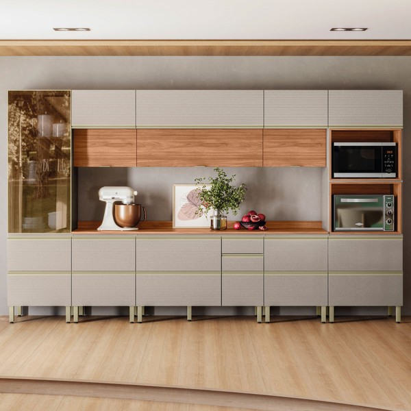 Cozinha Completa Proença 12 Portas 9 Gavetas com Vidro Dp3701mf Nogueira/Nude Prime Tx - Demóbile