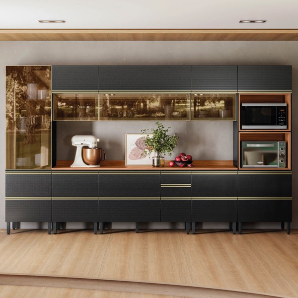 Cozinha Completa Proença 12 Portas 9 Gavetas com Vidro Dp3701rf Nogueira/Carbono Prime Tx - Demóbile