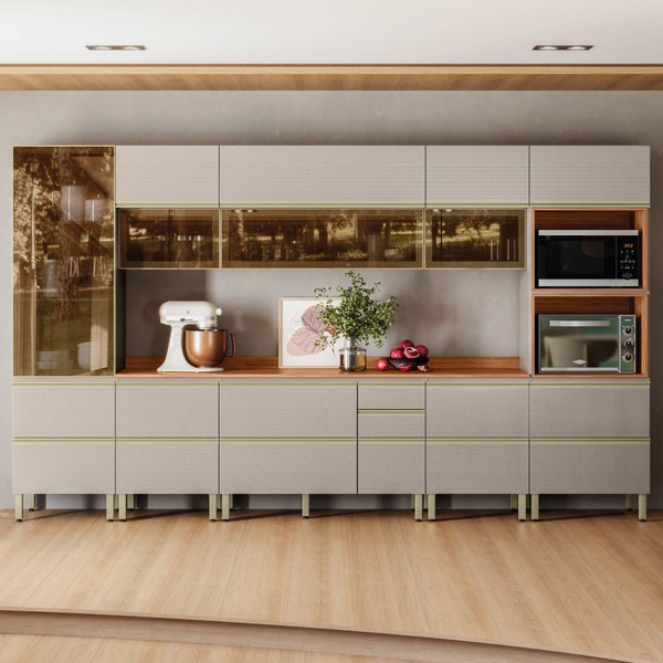 Cozinha Completa Proença 12 Portas 9 Gavetas com Vidro Dp3701rf Nogueira/Nude Prime Tx - Demóbile