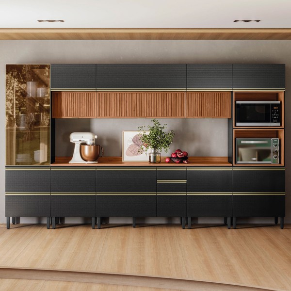 Cozinha Completa Proença 9 Gavetas 12 Portas com Vidro Ripado Dp3701rp Nogueira/Carbono Prime - Demobile