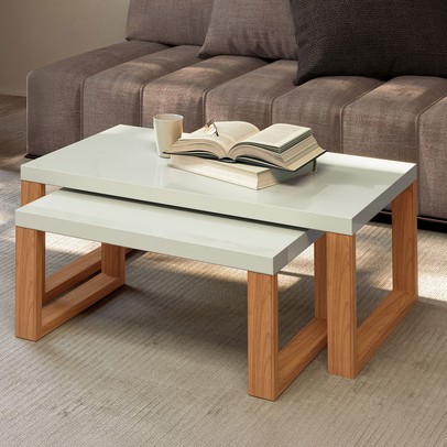 Mesa de Centro Industrial Kit 2 Peças 100% Mdf Off White/Freijó F40 - Pradel