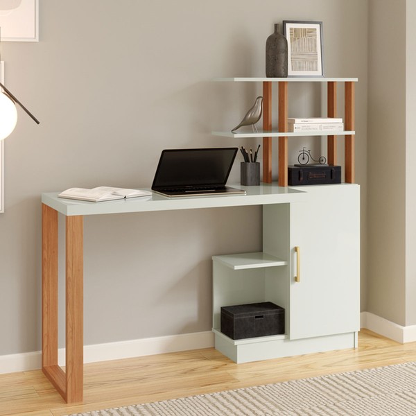 Mesa Escrivaninha Industrial 1 Porta 100% Mdf Off White/Freijó/Gold F17 - Pradel